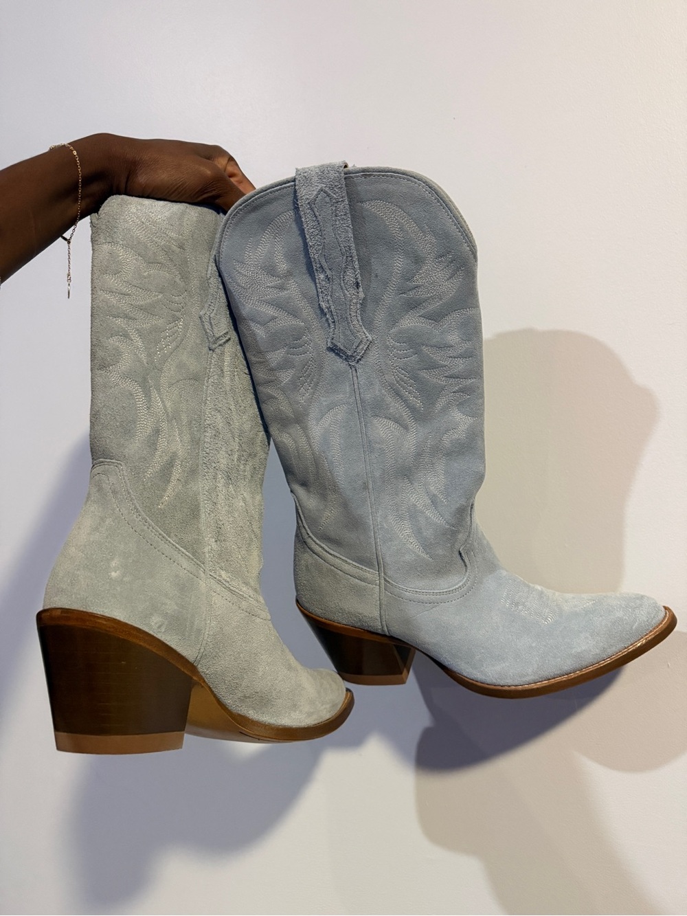 Light Blue Suede Western Heeled Boots - Picture 2 of 6